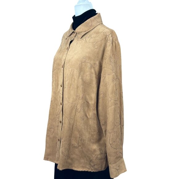 NEW Croft & Barrow Womens XL Embroidered Button Blouse Top Shirt Boho Brown Tan - Picture 2 of 9